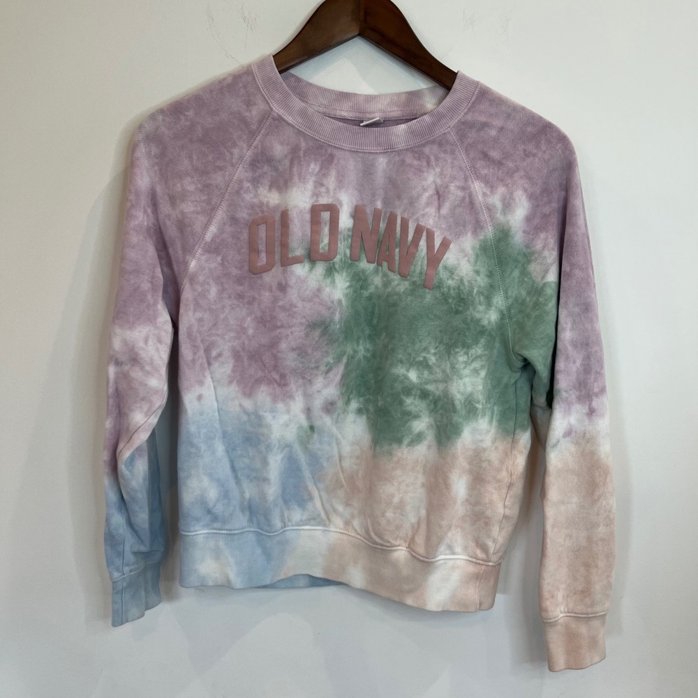 Old Navy Womens XS Tie Dye Logo Crewneck Sweatshirt Pastel Raglan Pullover -B018